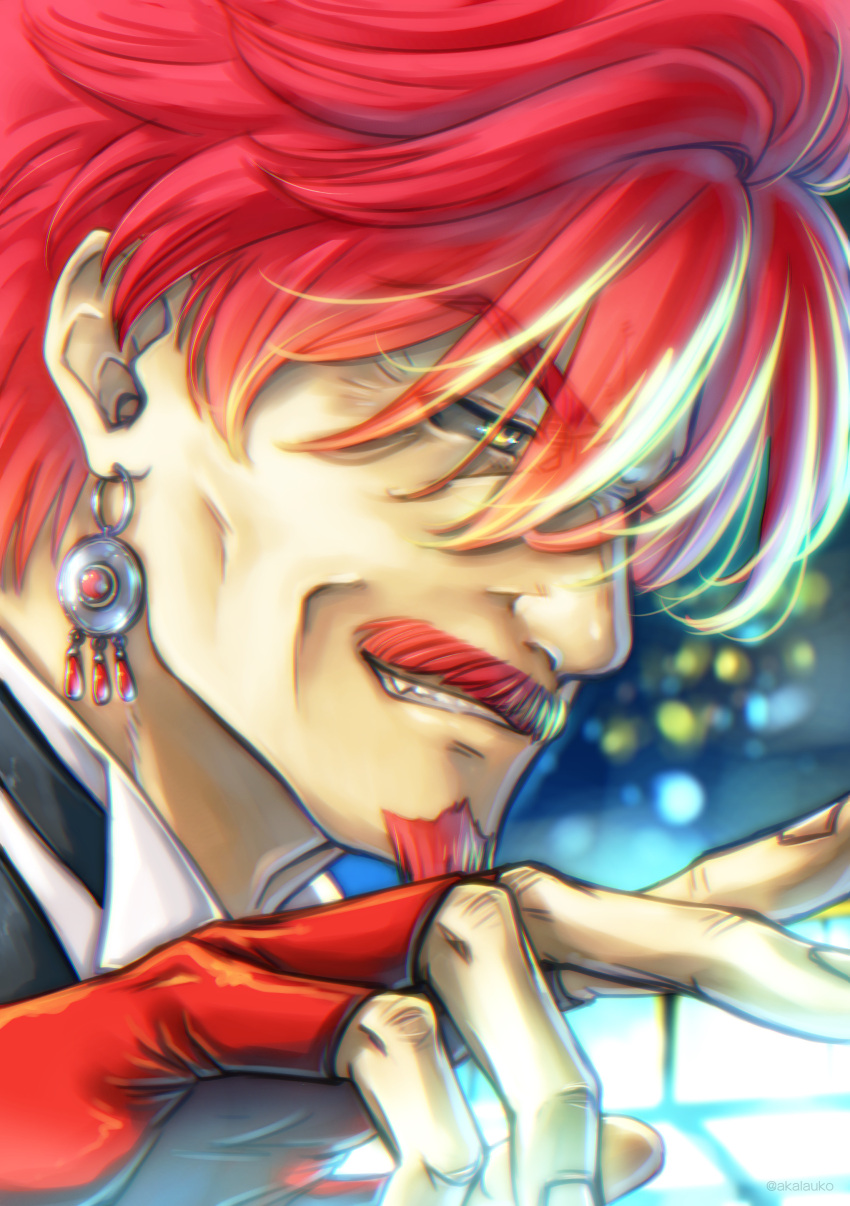 1boy absurdres alternate_hair_color blurry blurry_background earrings facial_hair fingerless_gloves gloves goatee hair_over_eyes hand_up highres ikeda_tsukasa jewelry lau_chan mustache red_gloves redhead solo twitter_username virtua_fighter yellow_eyes