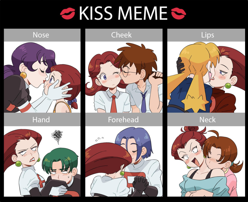 3boys 4girls aged_down black_gloves blonde_hair blue_hair blue_necktie brown_hair butch_(pokemon) cassidy_(pokemon) character_request crop_top dark_red_hair delia_ketchum earrings gloves green_eyes green_hair hair_slicked_back hand_grab hetero highres james_(pokemon) jessie_(pokemon) jewelry kiana_mai kiss kiss_(meme) kiss_chart kissing_cheek kissing_forehead kissing_hand kissing_neck kissing_nose long_hair low_twintails meme multiple_boys multiple_girls necktie pokemon pokemon:_destiny_deoxys pokemon_(anime) pokemon_rse_(anime) purple_hair red_necktie short_hair smile team_rocket team_rocket_uniform triangle_earrings twintails violet_eyes white_gloves yuri