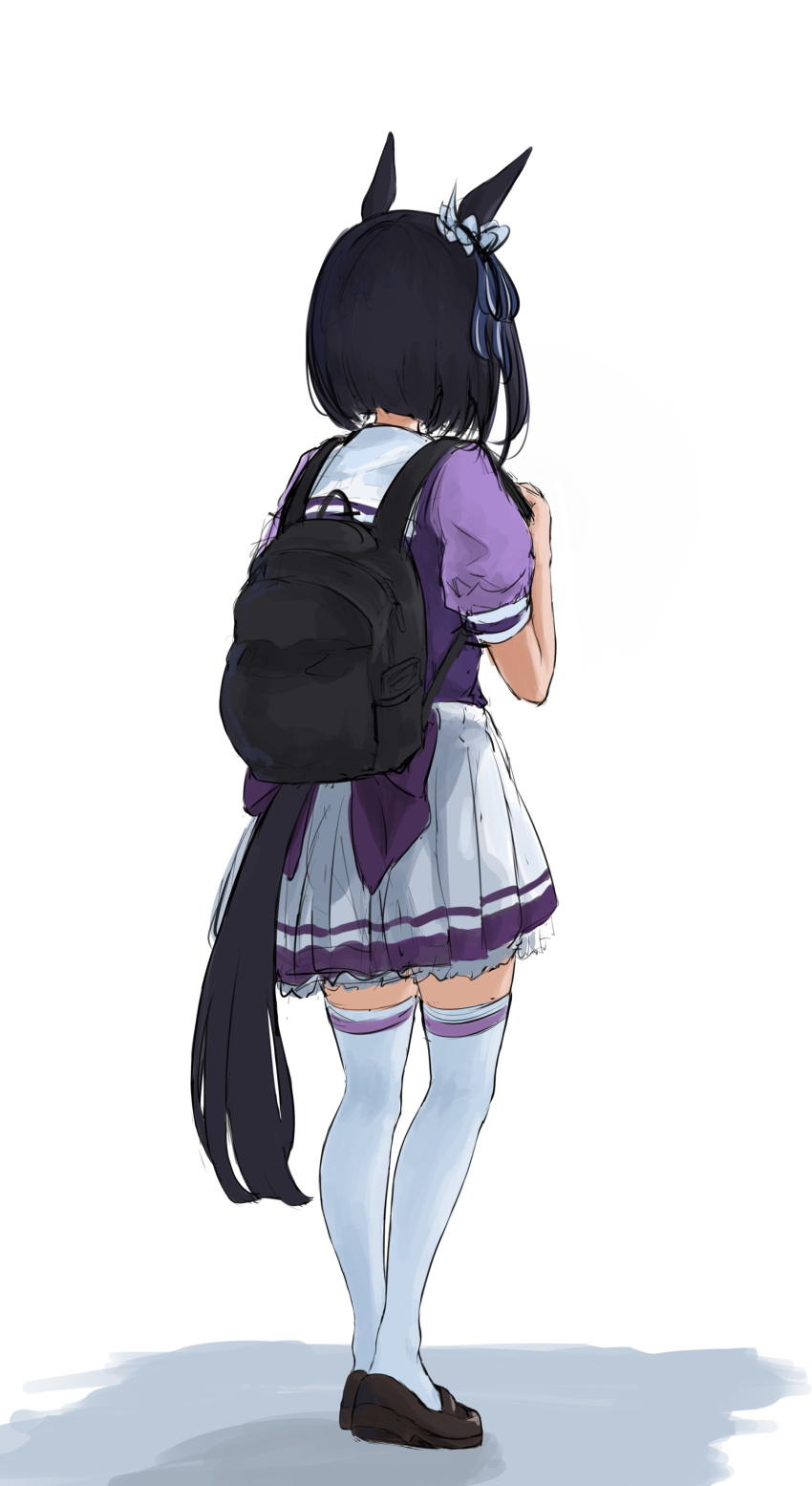 1girl absurdres animal_ears backpack bag black_footwear black_hair bow commentary_request eishin_flash_(umamusume) facing_away from_behind full_body hand_up highres horse_ears horse_girl horse_tail loafers pleated_skirt puffy_short_sleeves puffy_sleeves purple_bow purple_shirt shadow shirt shoes short_sleeves simple_background skirt solo standing tail thigh-highs umamusume white_background white_skirt white_thighhighs yama_zakii