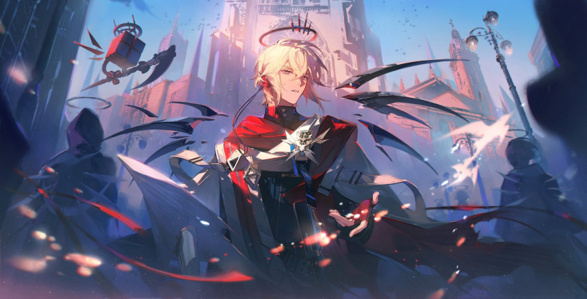 1boy 2others arknights blue_sky blurry blurry_foreground brooch building chinese_commentary commentary_request executor_(arknights) executor_the_ex_foedere_(arknights) fingerless_gloves gloves halo hand_up highres jacket jewelry male_focus mechanical_halo multiple_others outdoors red_gloves red_scarf renjian_shilian scar scarf scythe sky tagme upper_body violet_eyes white_hair white_jacket wings