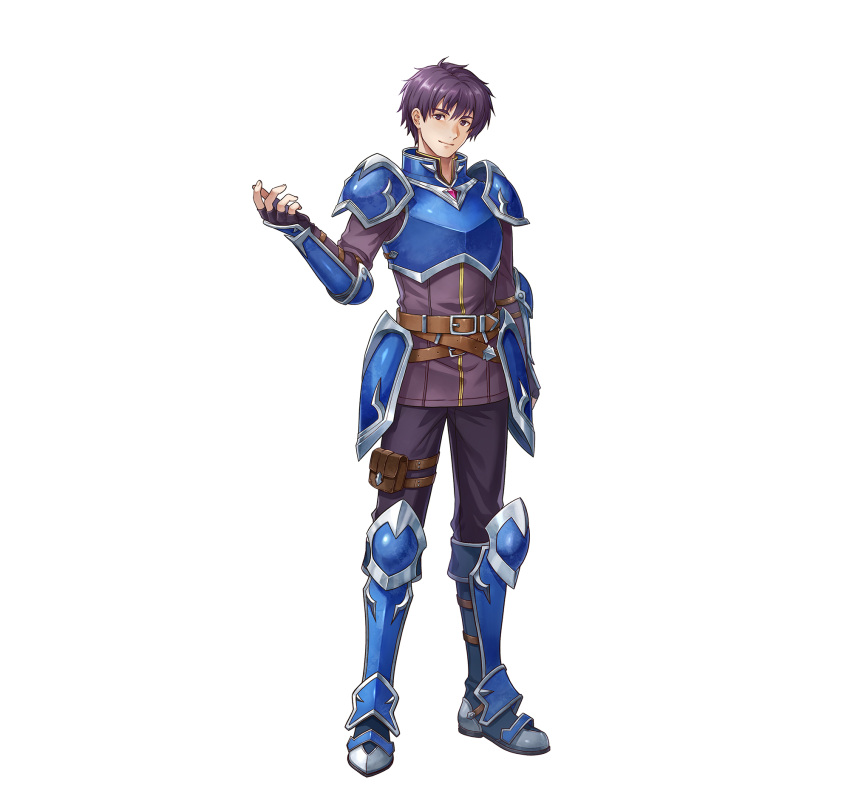 1boy armor blue_armor boots breastplate commentary_request fire_emblem fire_emblem:_the_binding_blade fire_emblem_heroes highres katze-reis-kuchen--nyankoromochi looking_at_viewer noah_(fire_emblem) official_art outstretched_arm pauldrons purple_hair short_hair shoulder_armor smile standing violet_eyes