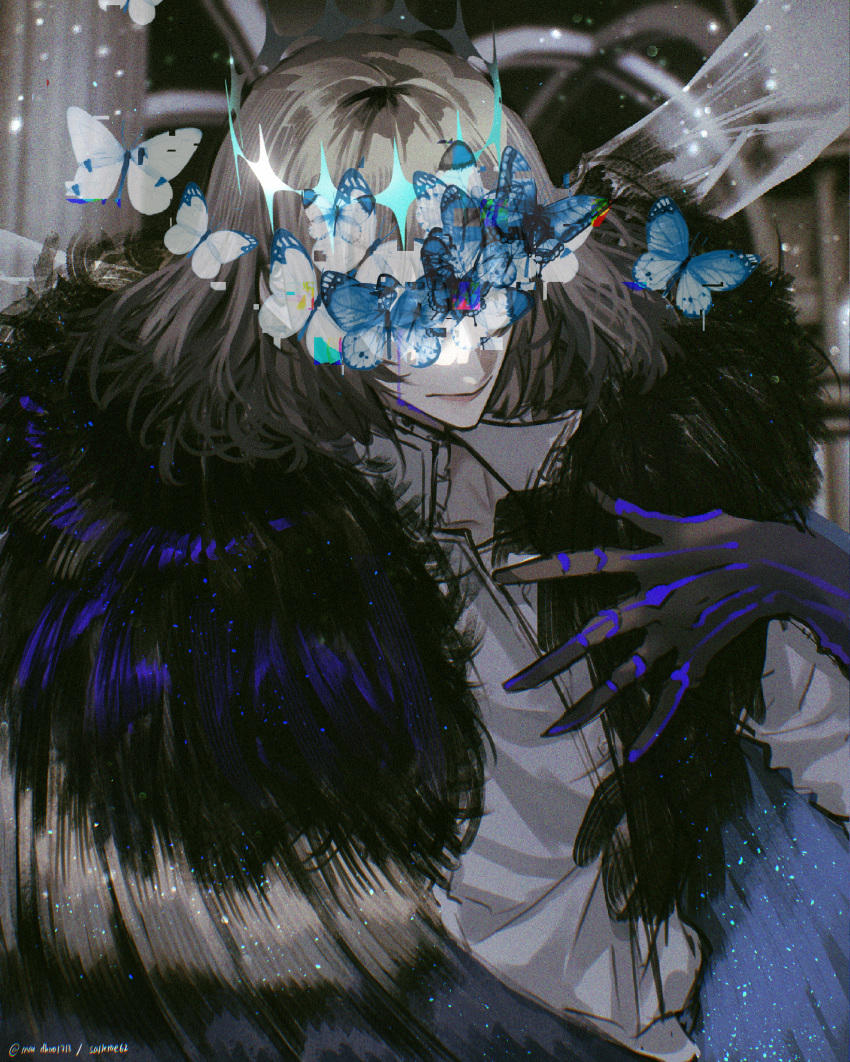 1boy absurdres arthropod_boy bug butterfly cape collared_shirt covered_eyes crown diamond_hairband dragonfly_wings fate/grand_order fate_(series) fur-trimmed_cape fur_trim grey_hair highres insect_wings long_sleeves maidhao male_focus medium_hair oberon_(fate) oberon_(third_ascension)_(fate) shirt signature smile solo upper_body white_shirt wings