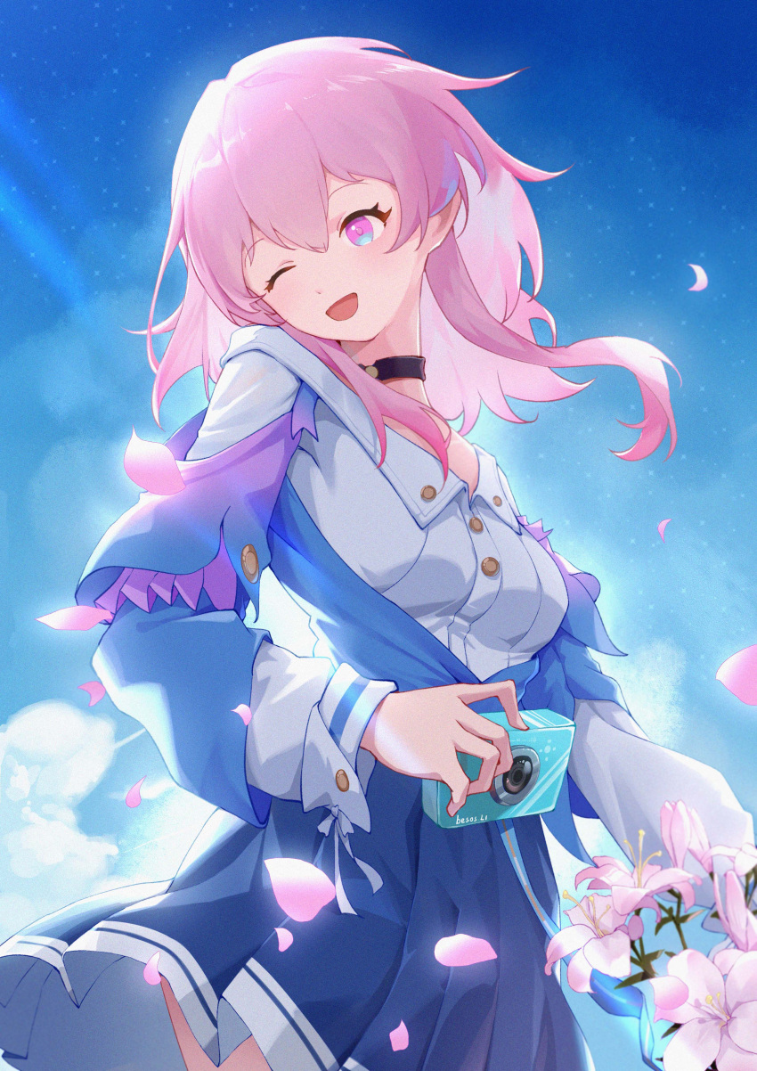 1girl ;d absurdres black_choker blue_eyes blue_jacket blue_skirt blue_sky camera choker clothes_lift clouds collared_shirt dianhua_dianhua_he falling_petals floating_hair flower gradient_eyes hair_between_eyes highres holding holding_camera honkai:_star_rail honkai_(series) jacket long_sleeves looking_to_the_side march_7th_(honkai:_star_rail) medium_hair multicolored_eyes one_eye_closed open_mouth petals pink_eyes pink_flower pink_hair shirt sidelocks skirt skirt_lift sky smile solo tied_jacket two-tone_eyes white_shirt white_sleeves wind wind_lift