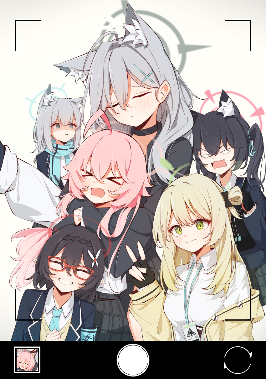 &gt;_&lt; 6+girls ^_^ absurdres ahoge animal_ears black_choker blue_archive cat_ears chihiro_(blue_archive) choker closed_eyes empty_eyes extra_ears fingerless_gloves foreclosure_task_force_(blue_archive) glasses gloves halo highres hoshino_(blue_archive) hug hug_from_behind jealous looking_at_another looking_at_viewer lpleader multiple_girls nonomi_(blue_archive) red-framed_eyewear school_uniform serika_(blue_archive) shaded_face shiroko_(blue_archive) shiroko_(terror)_(blue_archive) teardrop user_interface v viewfinder wolf_ears