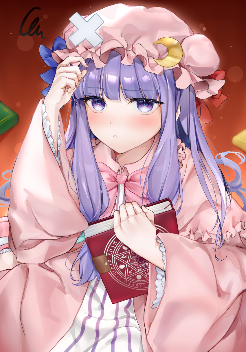 1girl :&lt; absurdres arm_up blue_ribbon blunt_bangs blush book bow bowtie closed_mouth commentary_request crescent crescent_hat_ornament crossed_bandaids dress flua_(fee_de_la) frills frown hat hat_ornament hat_ribbon highres holding holding_book long_hair looking_at_viewer mob_cap patchouli_knowledge pink_bow pink_bowtie purple_hair red_ribbon ribbon robe solo squiggle striped striped_dress touhou violet_eyes wide_sleeves