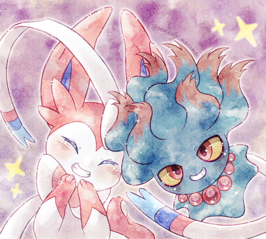 beads blush closed_eyes colored_sclera commentary_request facing_viewer grin highres looking_at_viewer misdreavus no_humans pokemon pokemon_(creature) red_eyes remedy_matome smile sparkle sylveon teeth yellow_sclera