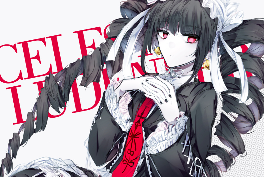 1girl black_hair black_nails celestia_ludenberg character_name danganronpa:_trigger_happy_havoc danganronpa_(series) drill_hair earrings frilled_jacket frills frown gothic_lolita highres jacket jewelry lolita_fashion long_hair long_sleeves nail_polish necktie pale_skin print_necktie red_eyes red_necktie solo t_(ax27) twin_drills twintails upper_body white_background