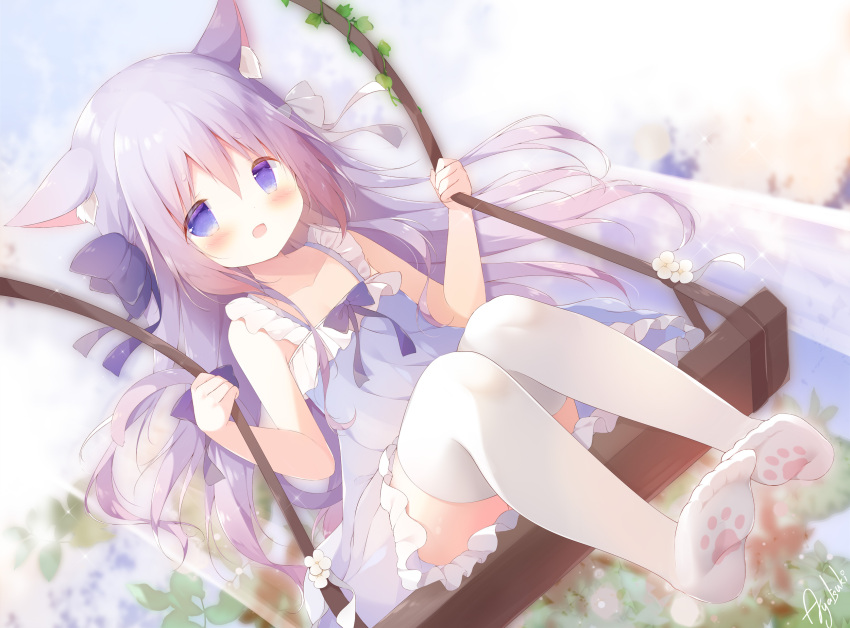 1girl akatsuki_(ytkg5558) animal_ears animal_print blush cat_ears cat_girl cat_print dress hair_ribbon highres long_hair no_shoes original purple_hair ribbon smile soles sundress thigh-highs violet_eyes white_thighhighs