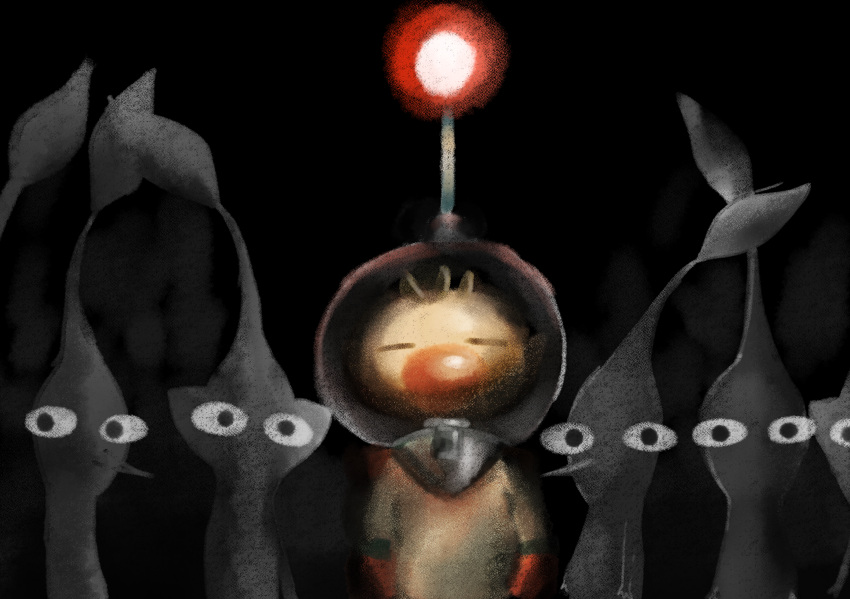 1boy absurdres alien big_nose brown_hair check_commentary closed_eyes commentary commentary_request gloves helmet highres iat-418 leaf lineup looking_at_viewer olimar partially_colored pikmin pikmin_(series) pointy_ears pointy_nose radio_antenna red_gloves space_helmet spacesuit whistle