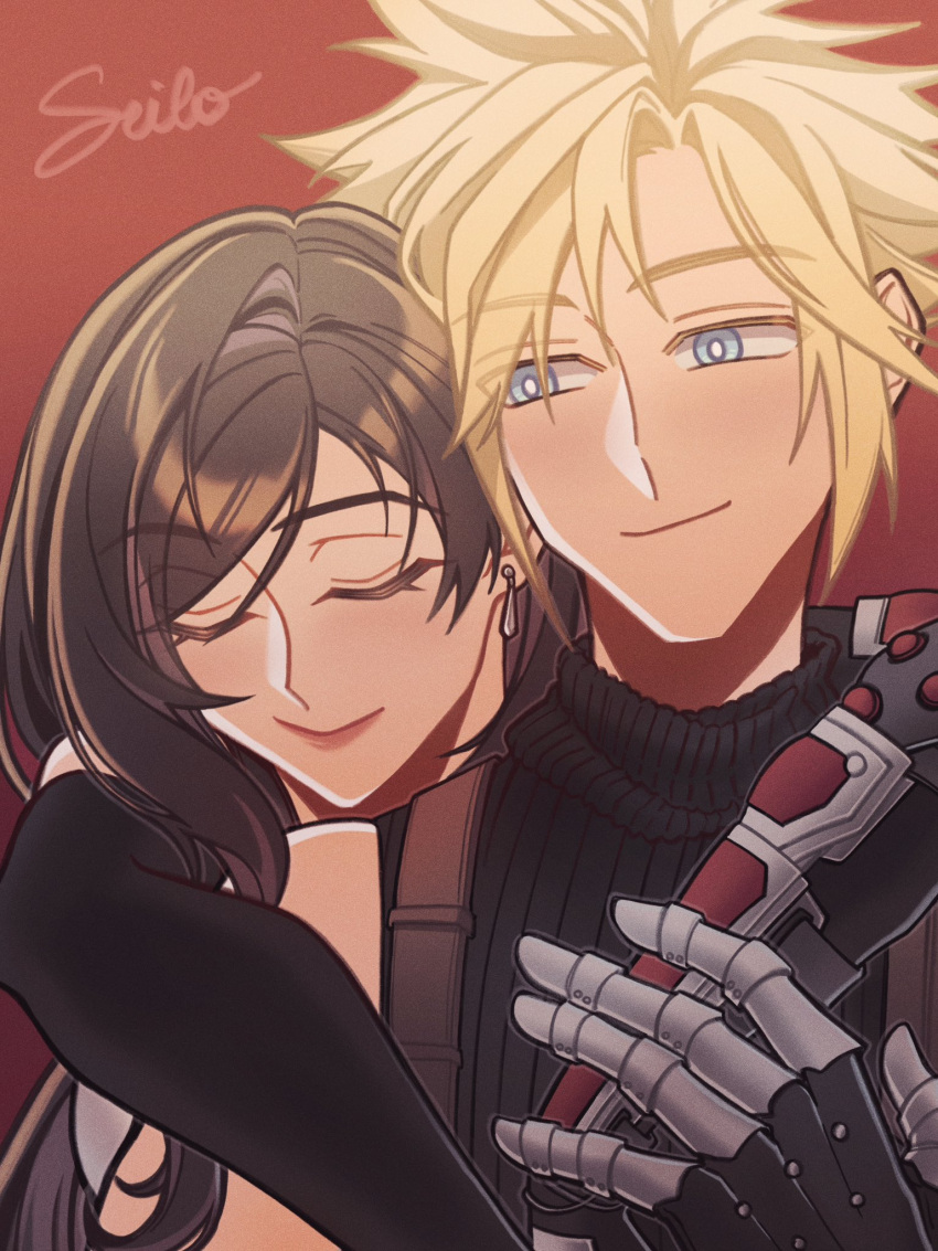 1boy 1girl arm_guards artist_name black_gloves blonde_hair blue_eyes brown_hair closed_eyes closed_mouth cloud_strife commentary couple earrings elbow_gloves english_commentary final_fantasy final_fantasy_vii final_fantasy_vii_remake gloves gradient_background highres hug hug_from_behind jewelry light_blush lips long_hair looking_at_another ribbed_sweater seilidare short_hair signature single_bare_shoulder single_earring sleeveless sleeveless_turtleneck smile spiky_hair suspenders sweater swept_bangs teardrop_earring tifa_lockhart turtleneck turtleneck_sweater upper_body