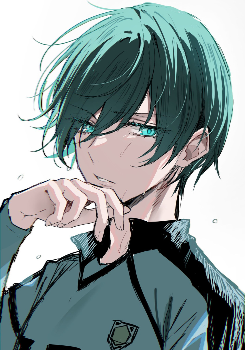 1boy blue_lock commentary fingernails green_eyes green_hair highres itoshi_rin long_sleeves male_focus parted_lips seyanaso short_hair simple_background soccer_uniform solo sportswear sweat upper_body white_background