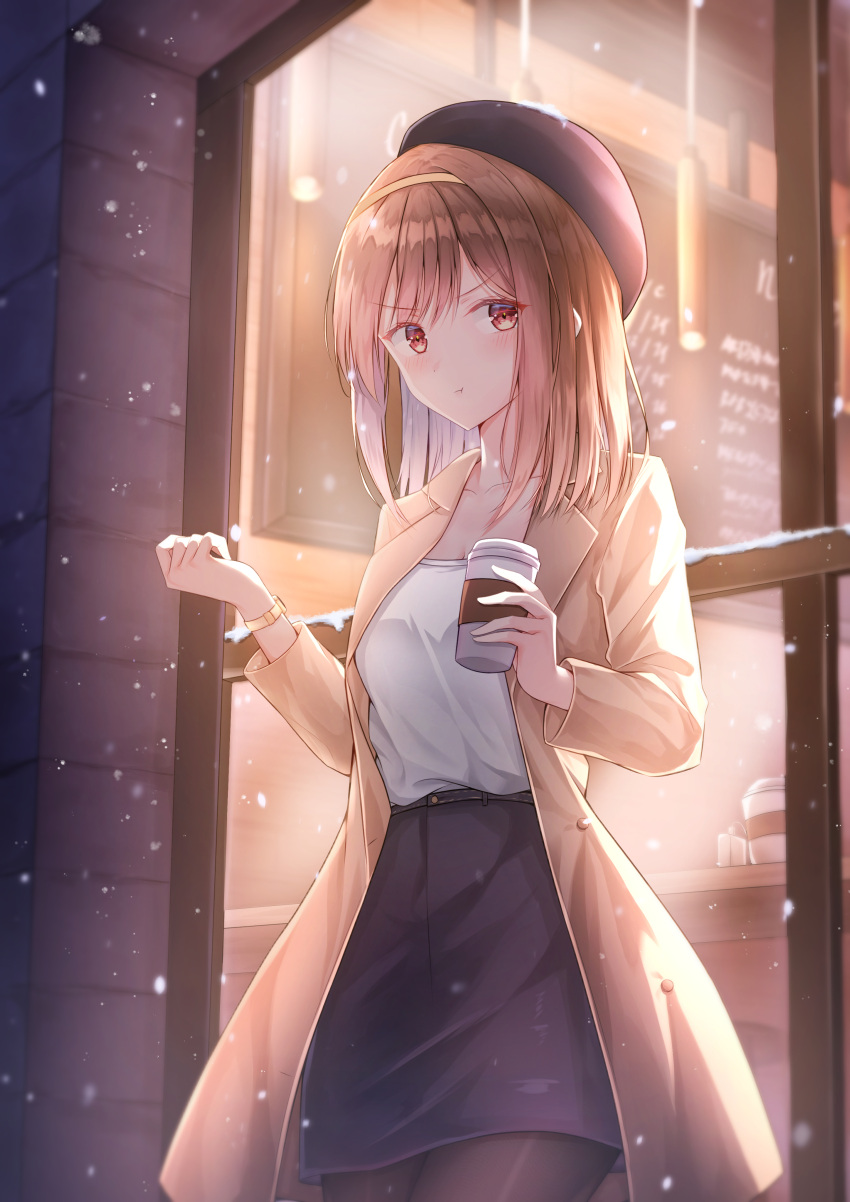 1girl :t absurdres angry beret black_pantyhose blue_headwear blue_skirt blush brown_coat brown_hair cafe coat commentary_request cup disposable_cup hairband hat highres holding holding_cup medium_hair original outdoors pantyhose pencil_skirt pout red_eyes rieatco skirt snowing solo trench_coat v-shaped_eyebrows watch watch