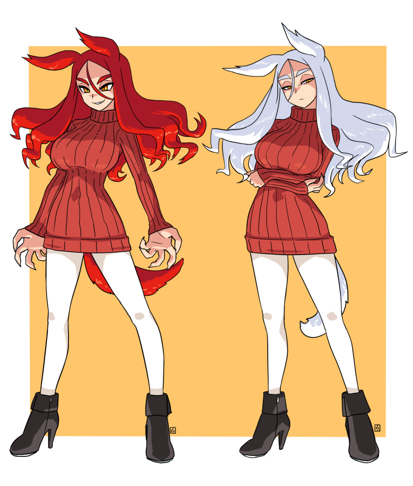 2girls animal_ears arms_under_breasts black_footwear boots breasts brown_background closed_mouth commentary_request grey_hair grin hair_between_eyes half-closed_eyes high_heel_boots high_heels highres large_breasts long_hair long_sleeves multiple_girls muu_(mumumer) original pantyhose red_sweater redhead ribbed_sweater sleeves_past_wrists smile standing sweater tail thick_eyebrows two-tone_background very_long_hair white_background white_pantyhose yellow_eyes