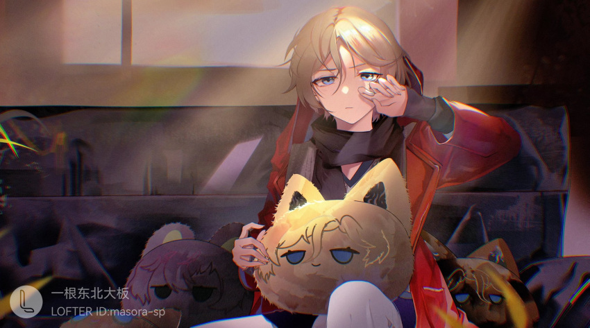 1boy black_scarf blonde_hair blue_eyes commentary commission couch english_commentary expressionless gin_(girls'_frontline_nc) gin_(spring_thaw_liquor)_(girls'_frontline_nc) girls'_frontline_neural_cloud girls_frontline hair_between_eyes hand_on_own_face highres indoors jacket lofter_username looking_at_viewer male_focus masora_sp official_alternate_costume on_couch red_jacket scarf short_hair sitting solo stuffed_toy