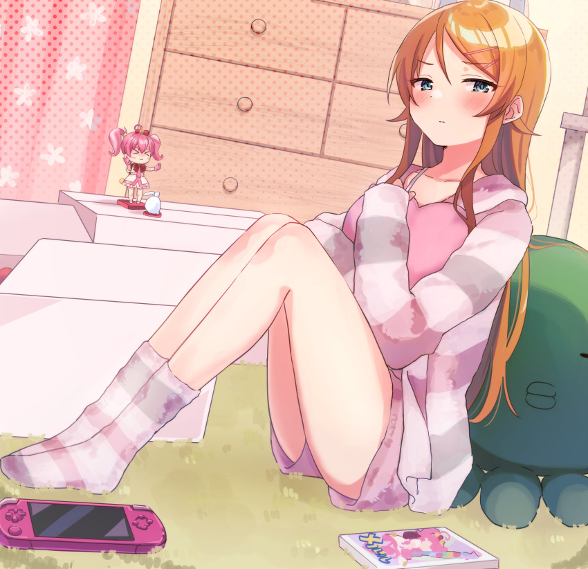 1girl 3: absurdres blue_eyes blush carpet closed_mouth collarbone commentary dot_nose eyelashes from_side frown full_body hair_ornament hairclip half-closed_eyes handheld_game_console heart heart_pillow highres indoors knees_up kousaka_kirino legs long_hair looking_at_viewer loungewear nendoroid no_shoes object_hug open_box orange_hair ore_no_imouto_ga_konna_ni_kawaii_wake_ga_nai pajamas parted_bangs pillow pillow_hug pink_shorts polka_dot polka_dot_background ponpon_nun shorts sidelocks sleeves_past_wrists socks solo striped striped_pajamas striped_socks thighs v-shaped_eyebrows