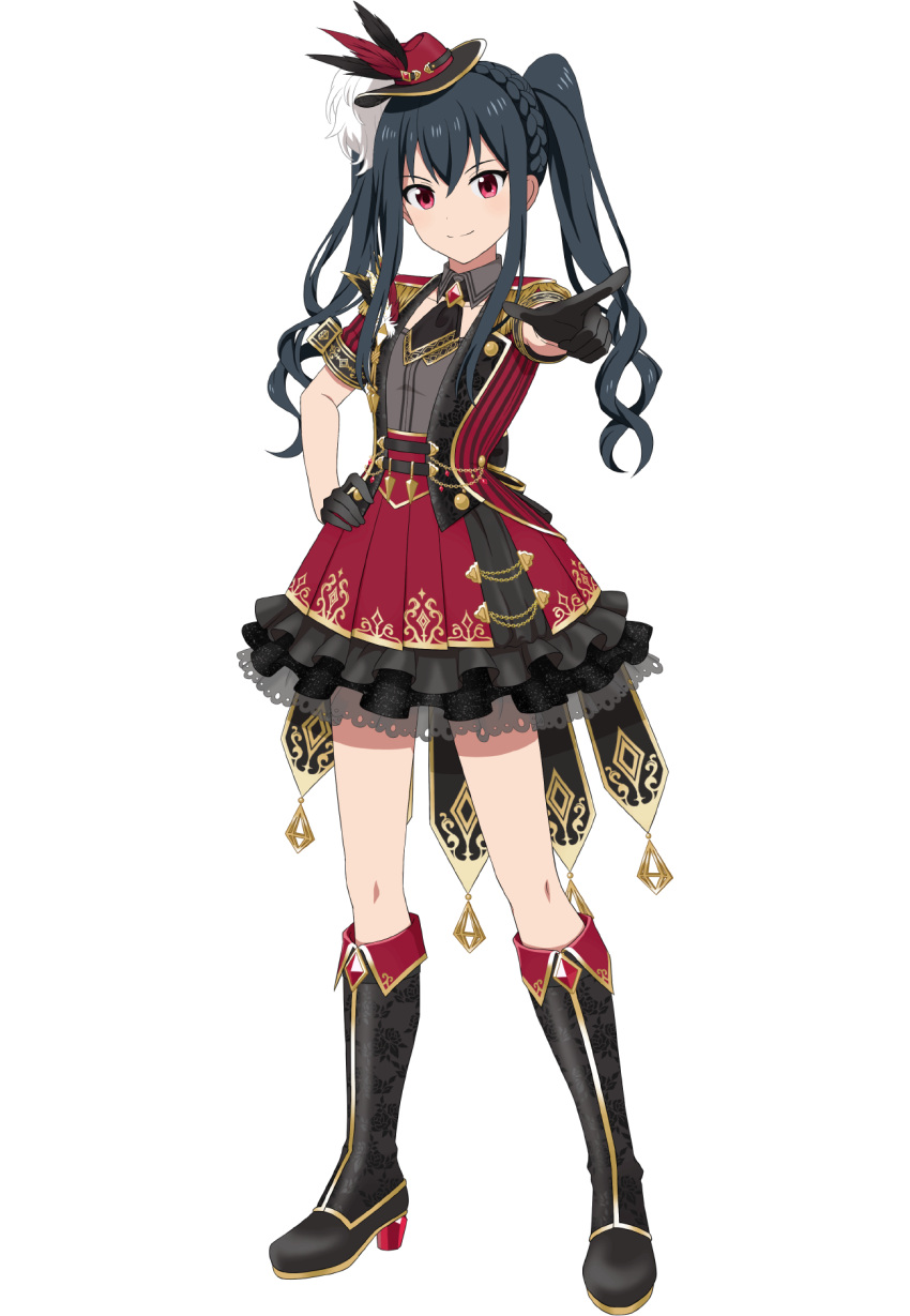 1girl aya_(idolmaster_starlit_season) black_gloves boots braid dress english_commentary full_body gloves hand_on_own_hip hat hat_feather high_heel_boots high_heels highres idol idolmaster idolmaster_starlit_season mini_hat official_art smile solo tales_of_asteria transparent_background twintails v violet_eyes