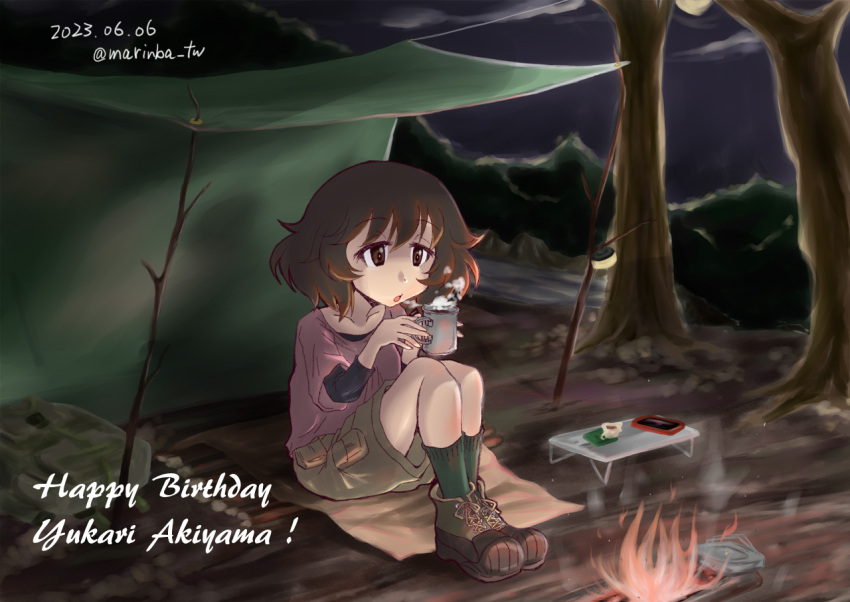 1girl akiyama_yukari boots brown_eyes brown_hair camping coffee cup english_text fireplace full_body girls_und_panzer green_socks holding holding_cup marinba_(bell_yamashige) outdoors pants pink_shirt shirt sitting socks table tent