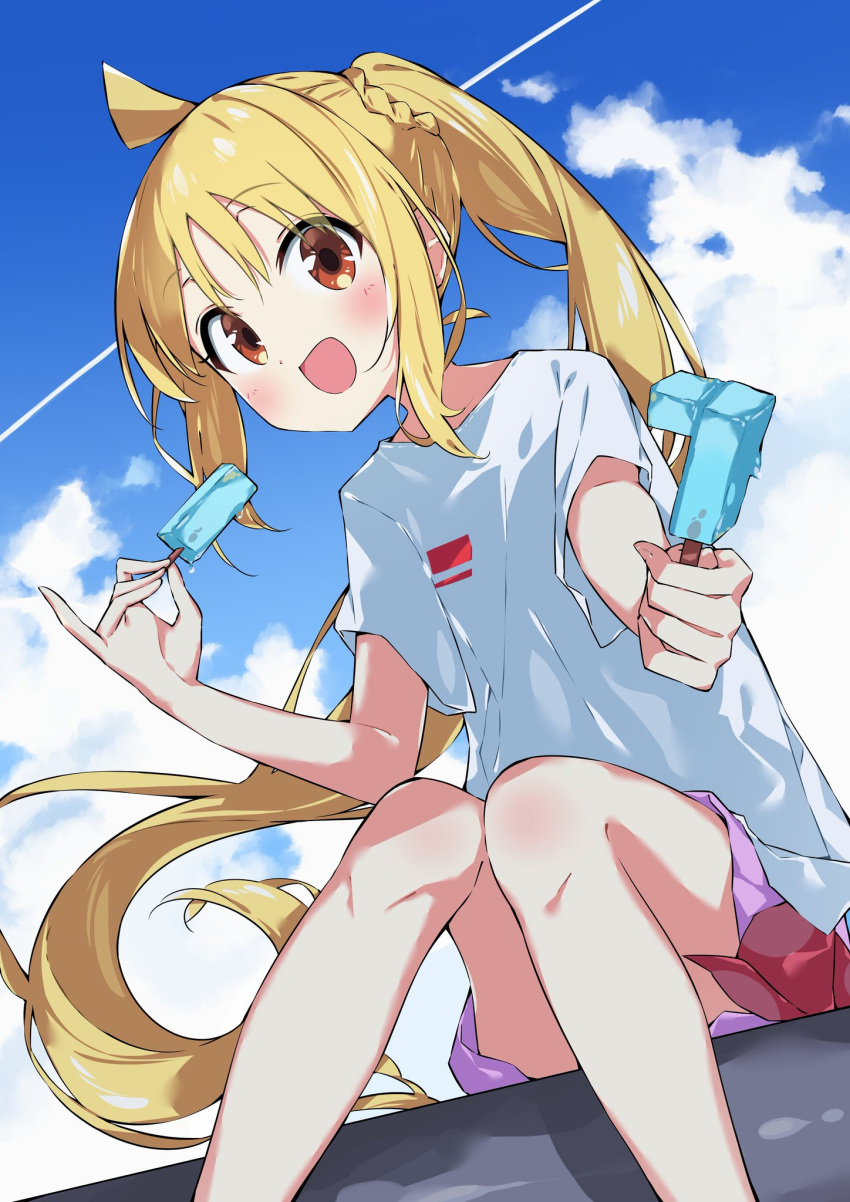 1girl :d ahoge blonde_hair blue_sky blush bocchi_the_rock! braid brown_eyes clouds cloudy_sky commentary_request day feet_out_of_frame food highres holding holding_food ijichi_nijika knees_together_feet_apart long_hair looking_at_viewer outdoors popsicle purple_skirt shirt short_sleeves side_ponytail sitting skirt sky smile solo suta0822 very_long_hair white_shirt