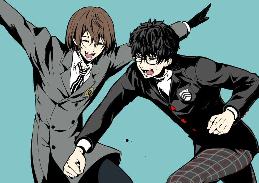 2boys akechi_gorou amamiya_ren arms_up black_gloves black_hair black_jacket blue_background brown_hair closed_eyes coat dodging glasses gloves grey_coat highres igusaharu jacket male_focus multiple_boys necktie open_mouth pants persona persona_5 plaid plaid_pants punching school_uniform shuujin_academy_school_uniform simple_background sweat