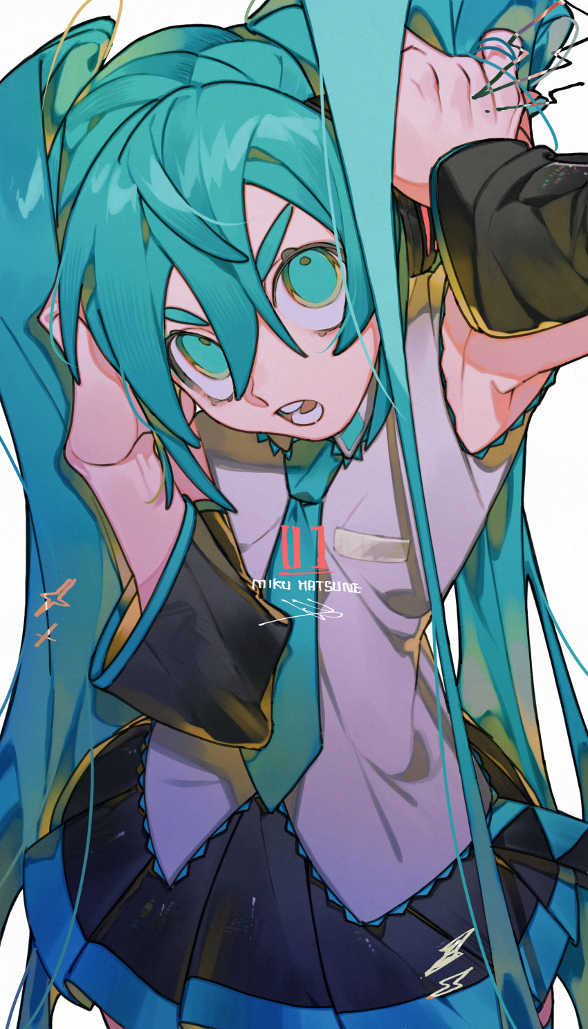 1girl absurdres aqua_eyes aqua_hair aqua_necktie arm_up armpits black_skirt character_name cowboy_shot glaring grey_shirt hand_up hands_in_hair hatsune_miku head_tilt highres lightning_bolt_symbol long_hair looking_at_viewer messy_hair necktie open_mouth pleated_skirt shirt signature simple_background skirt sleeveless sleeveless_shirt solo sparkle ssssecret49 teeth thick_eyebrows twintails v-shaped_eyebrows very_long_hair vocaloid white_background