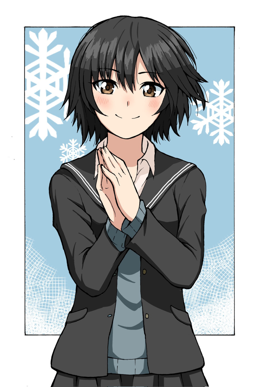 1girl amagami black_hair black_jacket black_skirt blazer blush brown_eyes closed_mouth collared_shirt emapippi hands_up highres jacket long_sleeves looking_at_viewer nanasaki_ai open_clothes open_jacket own_hands_together shirt short_hair skirt smile snowflakes solo split_mouth sweater upper_body white_shirt