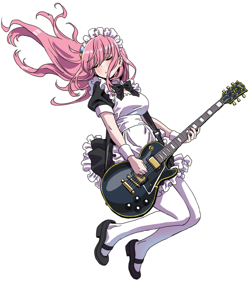 1girl absurdres alternate_costume apron black_bow black_bowtie black_dress black_footwear bocchi_the_rock! bow bowtie breasts closed_eyes dress electric_guitar enmaided frilled_apron frilled_dress frills full_body gibson_les_paul gotou_hitori guitar highres instrument jacket maid maid_headdress mary_janes medium_breasts pantyhose pink_jacket shoes simple_background solo white_apron white_background white_pantyhose wrist_cuffs yamashita_shun'ya