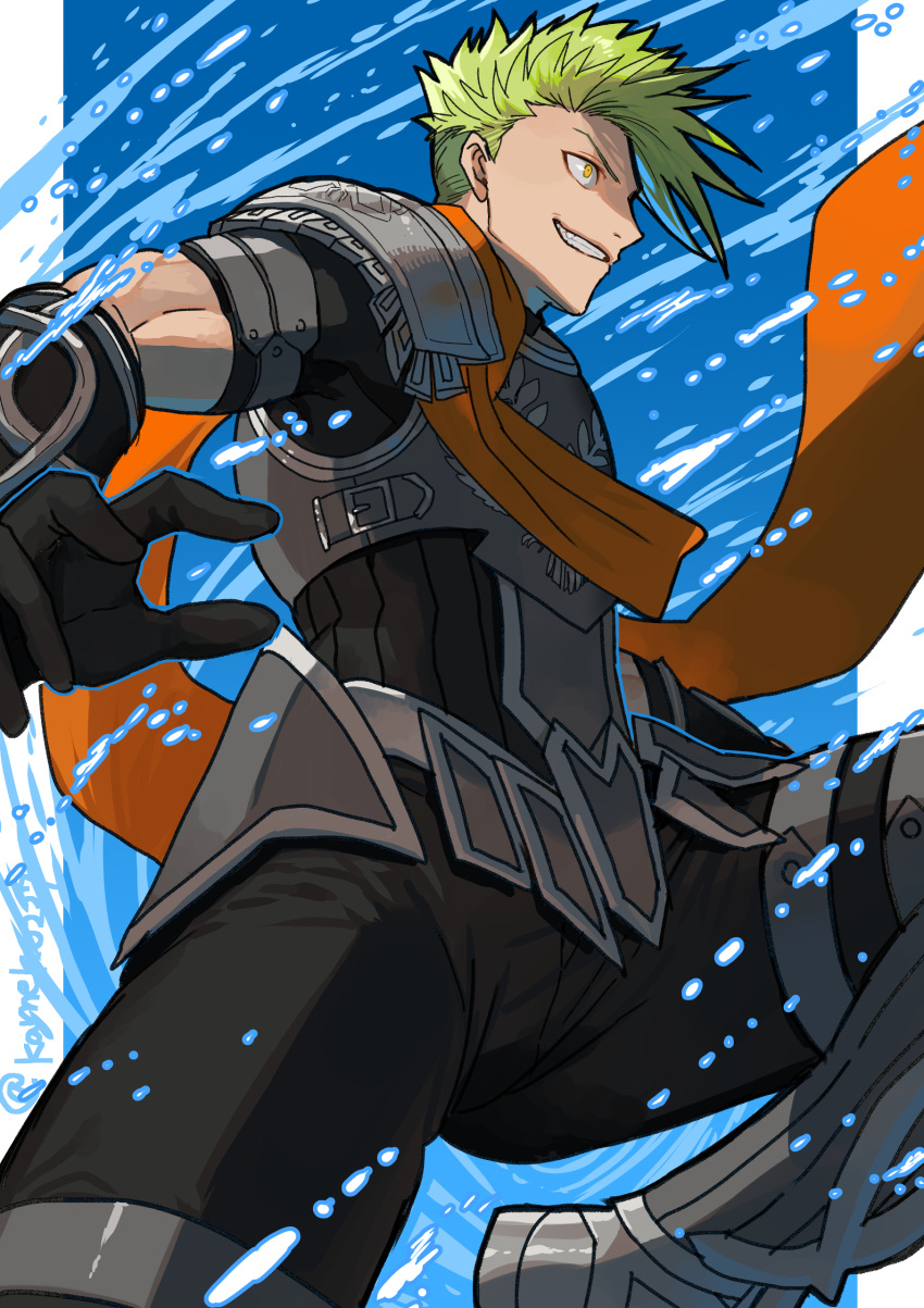 1boy absurdres achilles_(fate) armor black_bodysuit black_gloves bodysuit fate/apocrypha fate/grand_order fate_(series) from_below gloves green_hair grin highres male_focus muscular muscular_male none_(kameko227) orange_scarf profile scarf short_hair shoulder_plates sidecut signature smile solo yellow_eyes