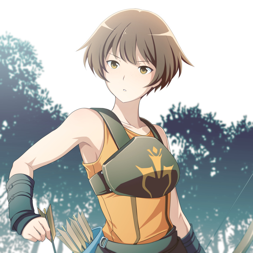 1girl :o armor arrow_(projectile) bare_shoulders breastplate brown_eyes brown_hair commentary dorothy_(fire_emblem) fire_emblem fire_emblem:_the_binding_blade gloves ham_pon highres holding holding_arrow orange_shirt quiver serious shirt short_hair sleeveless sleeveless_shirt solo tree upper_body weapon