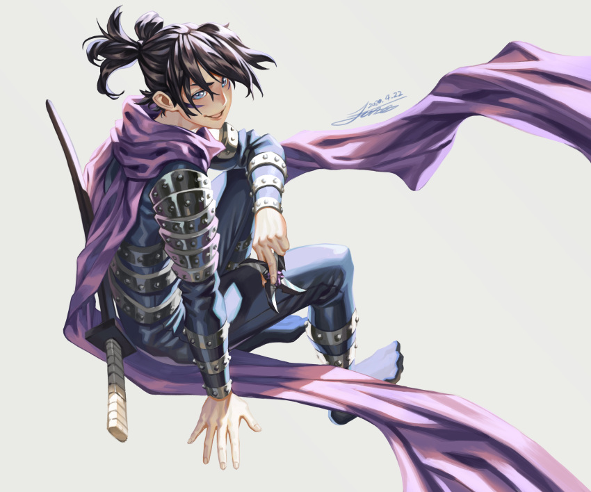 1boy absurdres black_bodysuit black_hair bodysuit dated facial_mark folded_ponytail from_side grey_background grin highres holding holding_weapon katana looking_at_viewer male_focus one-punch_man onsoku_no_sonic pink_eyes ponytail purple_scarf scarf sheath sheathed short_hair signature simple_background sitting smile solo sword teeth tiger_june weapon
