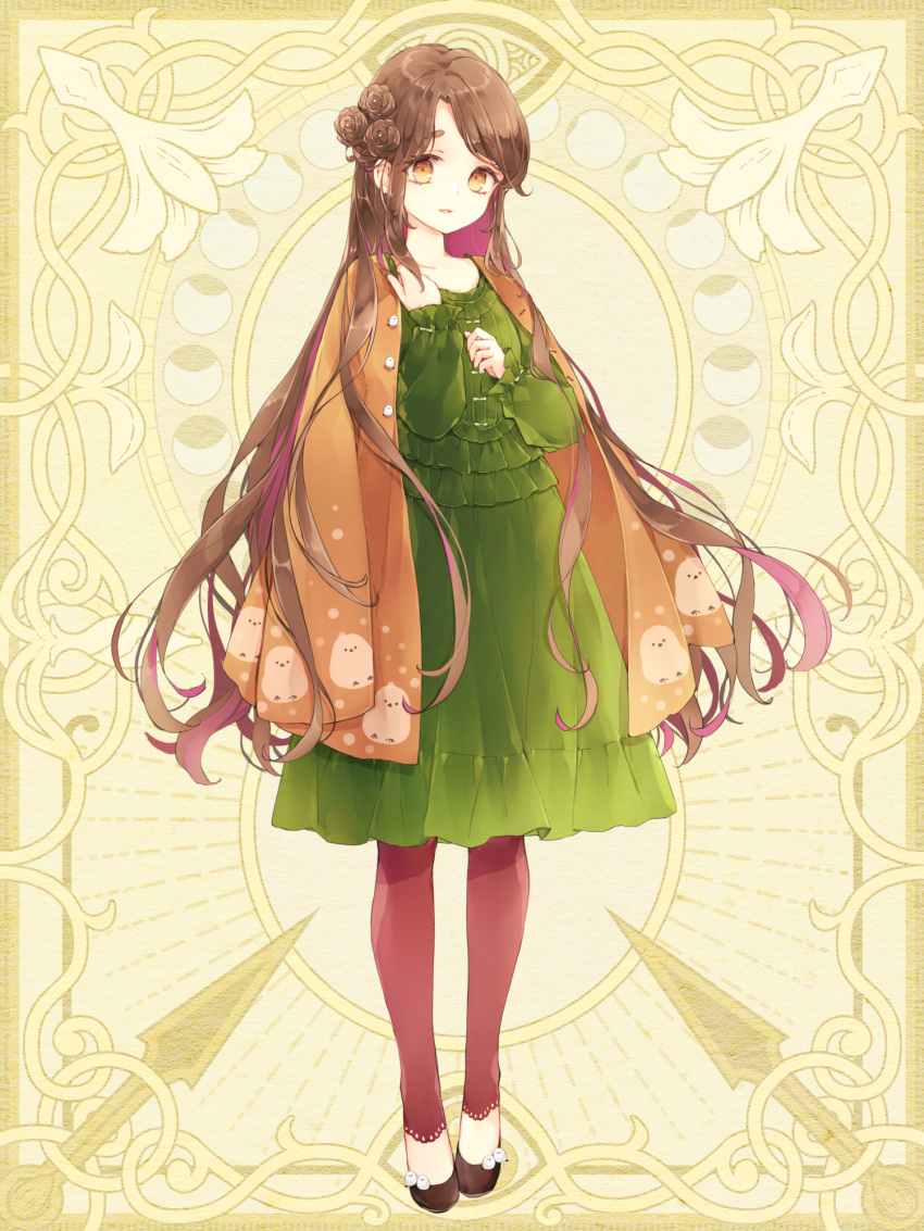 1girl animal_print bird_print breasts brown_coat brown_eyes brown_hair chain_paradox character_request check_character coat colored_inner_hair dress flower full_body green_dress hair_flower hair_ornament hand_up highres leg_warmers long_hair long_sleeves multicolored_hair nanamori_minoru natsu_nts parted_bangs pink_hair shoes small_breasts solo standing very_long_hair yellow_background