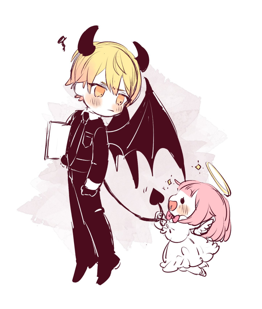 1boy 1girl :| angel_and_devil angel_wings black_eyes black_footwear black_horns black_necktie black_pants black_shirt black_socks black_wings blonde_hair blunt_bangs blush bob_cut book breast_pocket chibi closed_mouth collared_shirt commentary constricted_pupils demon_horns demon_tail demon_wings double-parted_bangs dress flying frilled_dress frills full_body gradient_hair grey_background halo hand_in_pocket highres holding holding_another's_tail holding_book horns long_sleeves looking_at_another looking_down looking_to_the_side midair multicolored_hair necktie ootori_emu open_mouth orange_eyes orange_hair pants pocket poppu_usagi project_sekai shirt shoes short_hair sketch smile socks solid_circle_eyes solid_eyes sparkle squiggle tail tail_grab tenma_tsukasa two-tone_shirt white_background white_dress white_shirt white_wings wings