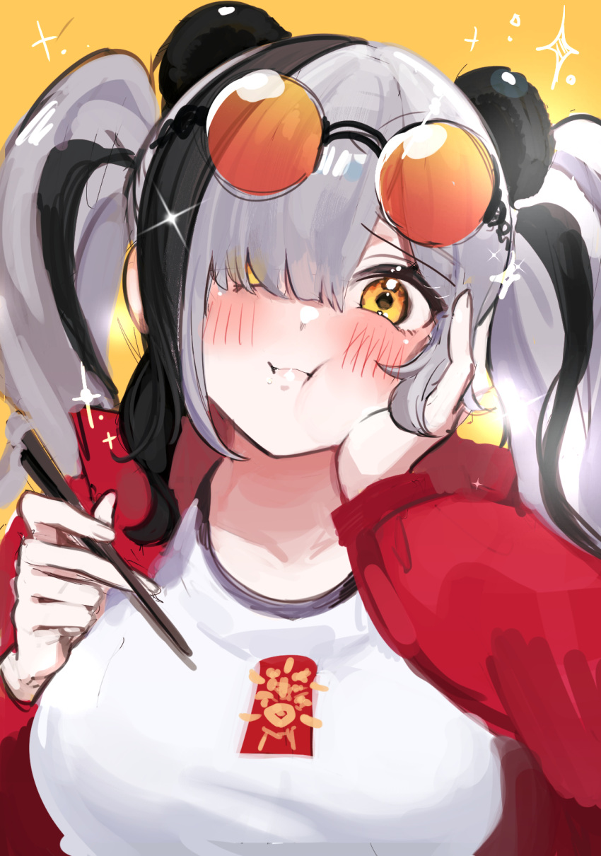 1girl aizuki_sui animal_ears arknights blush chopsticks eating eyewear_on_head feater_(arknights) feater_(gourmet)_(arknights) full_mouth hair_over_one_eye hand_on_own_cheek hand_on_own_face highres holding holding_chopsticks jacket multicolored_hair panda_ears red_jacket shirt streaked_hair sunglasses twintails white_shirt yellow_background