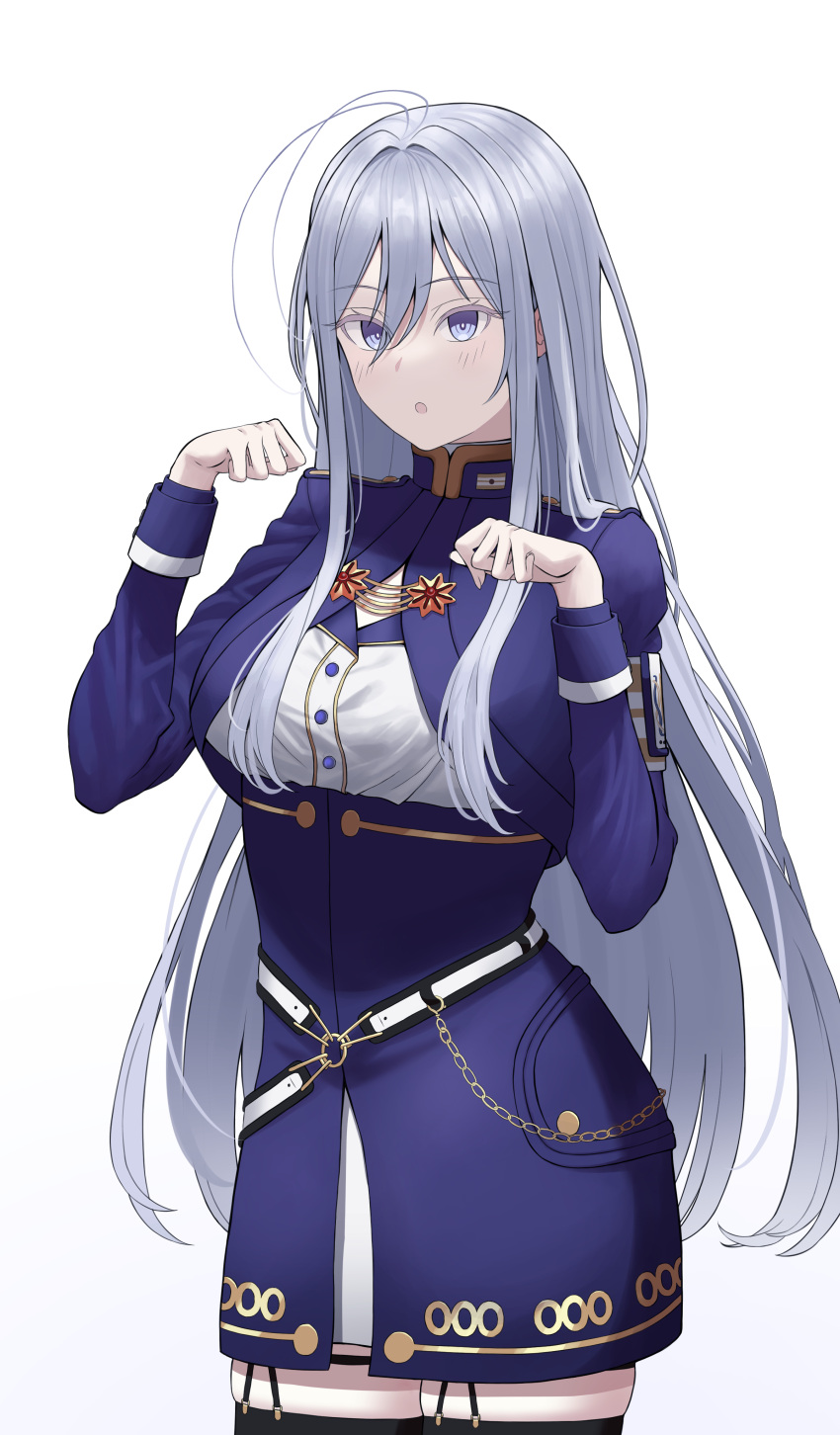 1girl 86_-eightysix- :o absurdres ahoge belt black_thighhighs blue_eyes breasts chain clenched_hands cowboy_shot garter_straps grey_hair hands_up highres long_hair long_sleeves military military_uniform no_headwear o-ring o-ring_belt open_mouth paw_pose seki_86 simple_background skindentation solo thigh-highs thighs uniform very_long_hair vladilena_millize white_background white_belt zettai_ryouiki