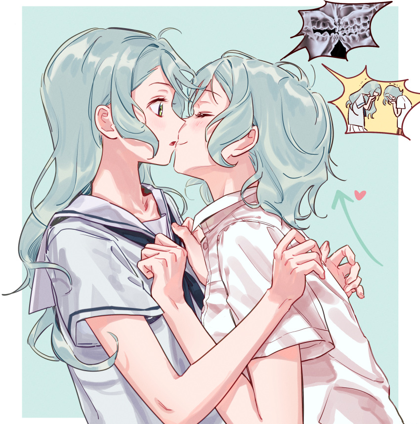 2girls absurdres accident aqua_background aqua_hair arrow_(symbol) bang_dream! blouse blue_neckerchief border closed_eyes closed_mouth collared_shirt commentary green_eyes hands_on_another's_chest heart highres hikawa_hina hikawa_sayo incest inset kiss long_hair looking_at_another multiple_girls neckerchief parted_lips sailor_collar school_uniform serafuku shirt short_hair short_sleeves siblings simple_background sisters smile surprise_kiss surprised twincest twins upper_body white_border white_shirt x-ray yuri zihacheol