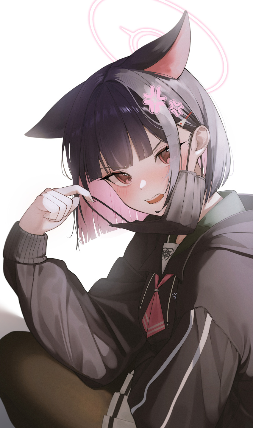 1girl absurdres anger_vein animal_ears black_hair black_jacket black_mask black_pantyhose blue_archive blush cat_ears colored_inner_hair extra_ears halo highres hood hooded_jacket jacket kazusa_(blue_archive) looking_at_viewer mask mask_pull mouth_mask multicolored_hair pantyhose pink_hair school_uniform simple_background solo two-tone_hair white_background yeoni_mon
