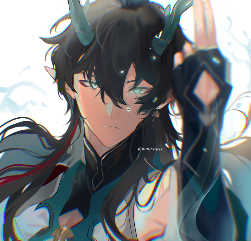 1boy black_hair chinese_clothes closed_mouth dan_heng_(honkai:_star_rail) derivative_work detached_sleeves dragon_horns english_commentary green_eyes hair_between_eyes highres honkai:_star_rail honkai_(series) horns long_hair long_sleeves makeup male_focus maysupii pectoral_cleavage pectorals pointy_ears simple_background spoilers twitter_username upper_body white_background
