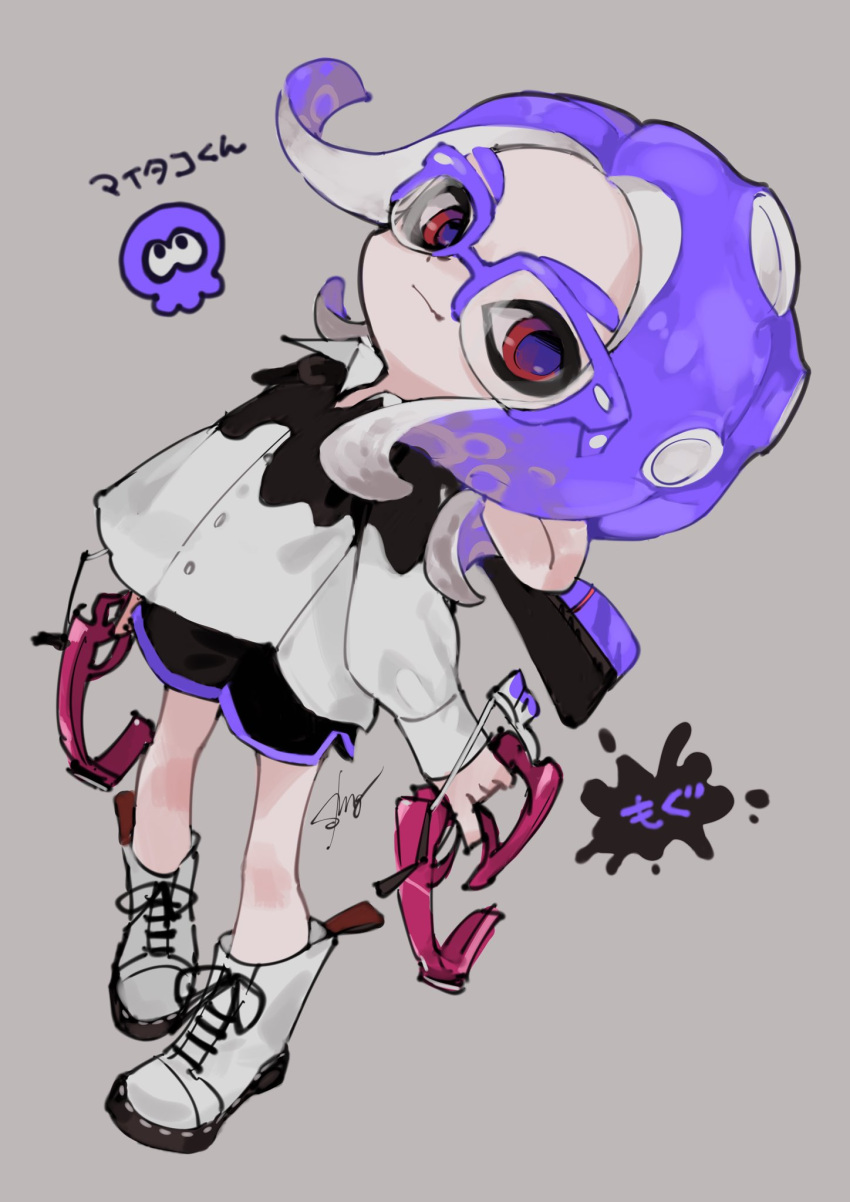 1girl buttons dapple_dualies_(splatoon) dual_wielding glasses grey_background highres holding octoling octoling_girl purple-framed_eyewear purple_hair red_eyes shimogu shirt signature simple_background sketch solo splatoon_(series) splatoon_2 splatter suction_cups tentacle_hair white_footwear white_shirt