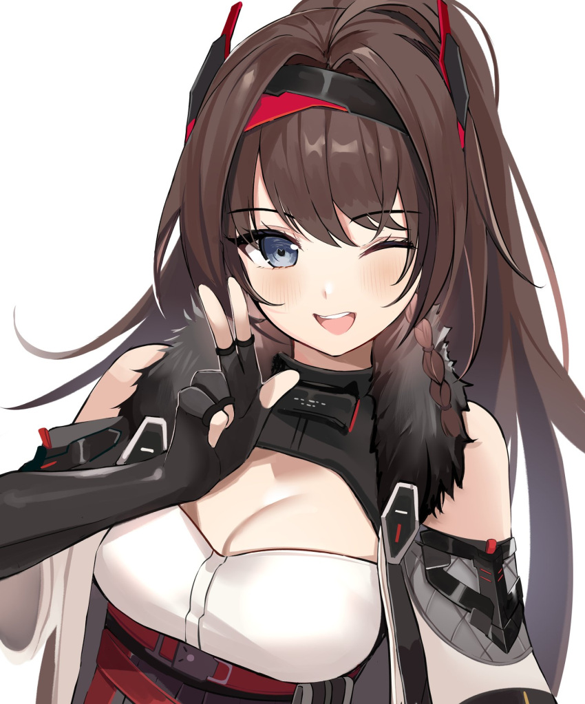 1girl aether_gazer bare_shoulders black_gloves blue_eyes blush braid breasts brown_hair cleavage_cutout clothing_cutout detached_sleeves english_commentary eyes_visible_through_hair fingerless_gloves fur_trim gloves hand_up headgear highres long_hair looking_at_viewer medium_breasts one_eye_closed open_mouth ry_thae side_braid simple_background smile solo teeth upper_body upper_teeth_only verthandi_(aether_gazer) w white_background