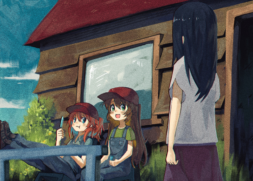 3girls absurdres baseball_cap black_hair blue_eyes blue_overalls blue_shirt brown_hair closed_mouth commission day green_eyes green_shirt hat highres ichijou_hotaru koshigaya_komari koshigaya_natsumi long_hair looking_at_another multiple_girls non_non_biyori nyztsune open_mouth outdoors overalls red_headwear red_skirt redhead shirt short_hair short_ponytail short_sleeves sitting skirt the_simpsons white_shirt