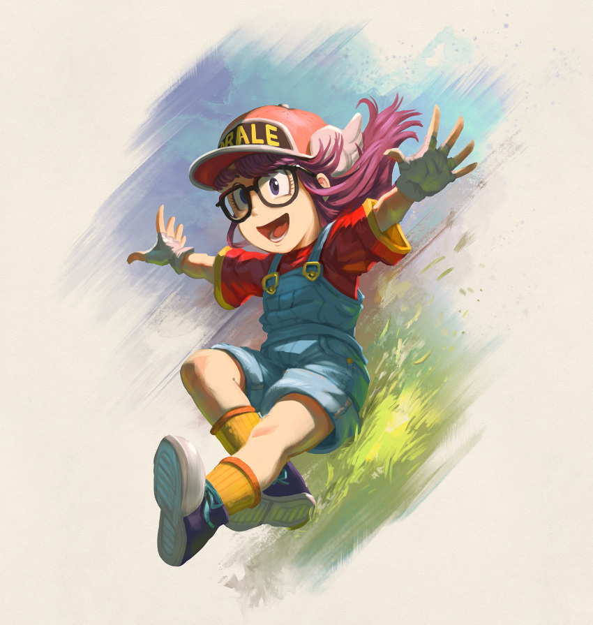 1girl absurdres baseball_cap blue_eyes blue_overalls child commentary david_revoy dr._slump english_commentary female_child fingerless_gloves gloves grass hat highres krita_(medium) long_hair making-of_available norimaki_arale open_mouth overalls red_shirt shirt shoes short_sleeves shorts smile socks solo white_gloves