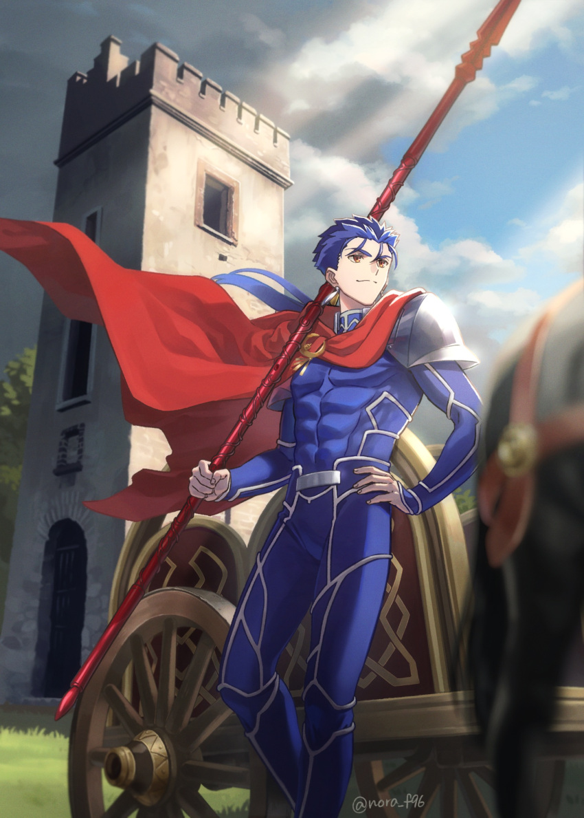 1boy abs armor blue_bodysuit blue_hair bodysuit cape chariot closed_mouth cu_chulainn_(fate) cu_chulainn_(fate/stay_night) earrings fate/stay_night fate_(series) floating_hair gae_bolg_(fate) grin hand_on_own_hip highres holding holding_polearm holding_weapon horse jewelry long_hair male_focus muscular muscular_male nora_(nora_f96) outdoors pauldrons pectorals polearm ponytail red_cape red_eyes shoulder_armor skin_tight smile solo spiky_hair standing weapon