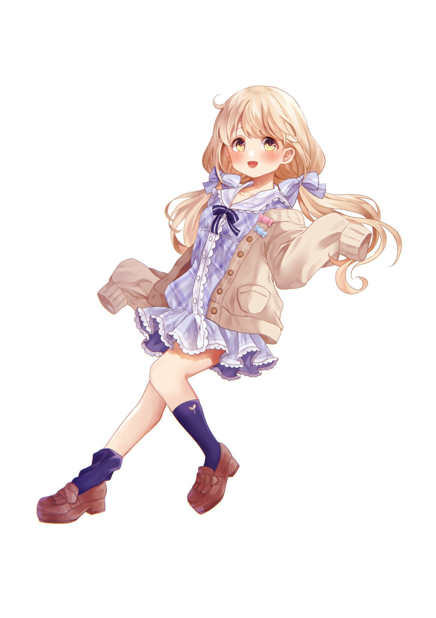 1girl blonde_hair blue_dress blue_socks blush bow brown_eyes brown_footwear cardigan dress full_body futaba_anzu hair_bow highres idolmaster idolmaster_cinderella_girls loafers long_hair long_sleeves looking_at_viewer low_twintails natu_28_natu off_shoulder open_cardigan open_clothes open_mouth plaid plaid_dress shoes simple_background sleeves_past_fingers sleeves_past_wrists smile socks solo twintails white_background
