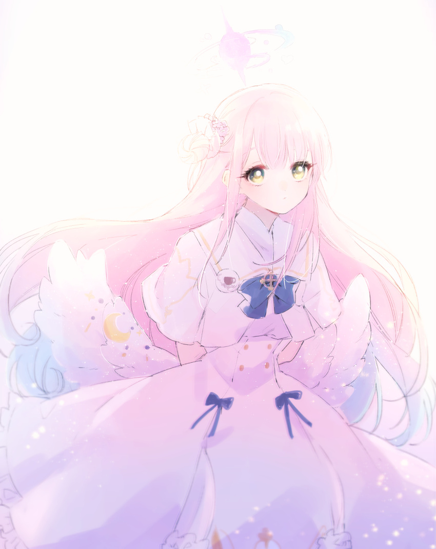 1girl arms_behind_back blue_archive blush capelet dress feathered_wings hair_bun halo highres long_hair looking_at_viewer mika_(blue_archive) pink_hair ranan simple_background single_side_bun solo very_long_hair white_background white_capelet white_dress white_wings wings