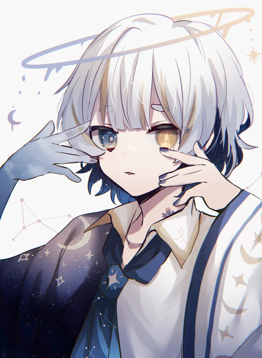 1boy absurdres androgynous blonde_hair blue_eyes blue_necktie blue_shirt collared_shirt crescent halo heterochromia highres kitsunemiyoru long_sleeves male_focus melting_halo multicolored_eyes multicolored_hair necktie original purple_nails shirt short_hair solo star_(symbol) star_print white_background white_hair white_shirt yellow_eyes