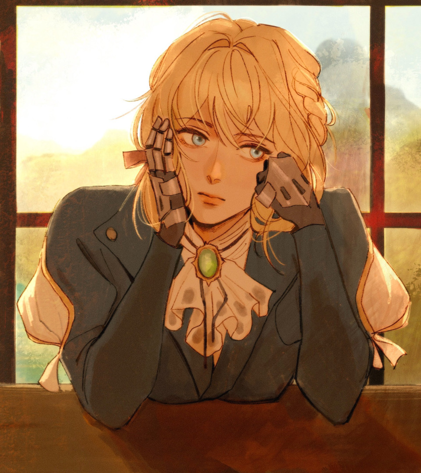 1girl arm_support blonde_hair blue_eyes braid expressionless green_brooch hair_ribbon hand_in_own_hair highres indoors looking_afar mechanical_arms medium_hair myrthena puffy_sleeves red_ribbon ribbon solo table violet_evergarden violet_evergarden_(series) window