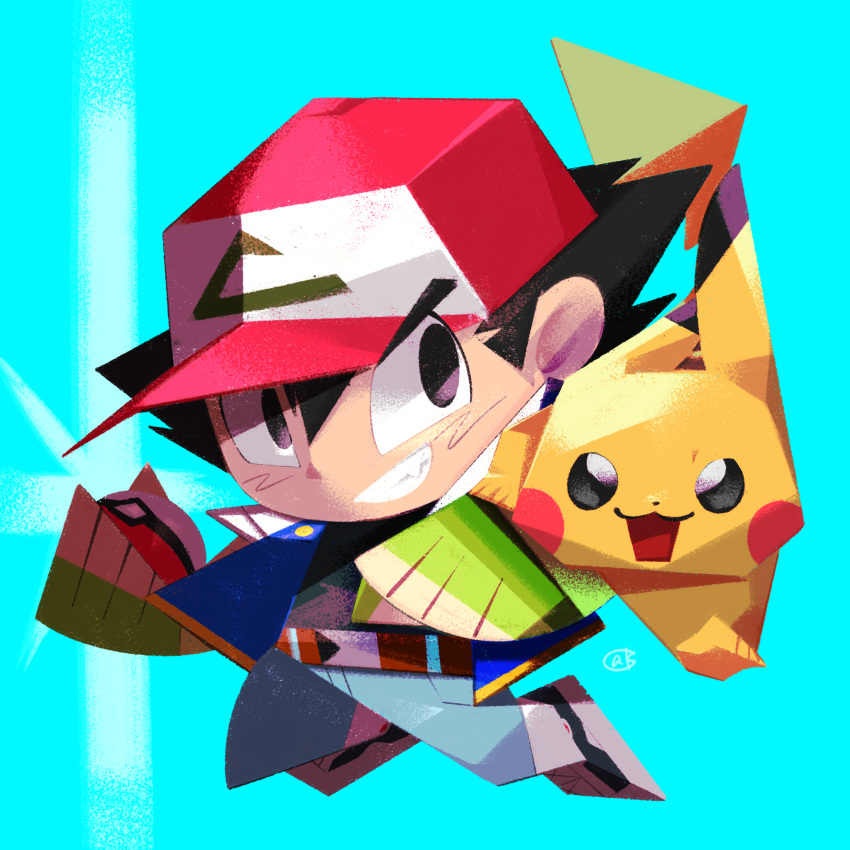 1boy 1other 2023 artist_request ash_ketchum baseball_cap black_eyes black_hair black_shirt blue_background blue_jacket denim facial_mark hat highres jacket jeans jumping looking_at_viewer looking_to_the_side open_clothes open_jacket pants pikachu pokemon pokemon_(anime) sharp_teeth shirt shoes signature smile sneakers spiky_hair teeth whisker_markings