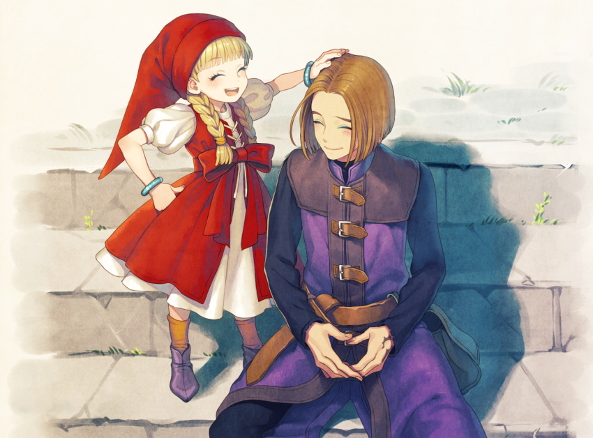 1boy 1girl ^_^ asatori_(ekisuzikara) blonde_hair blush bob_cut bow bracelet braid brown_hair closed_eyes dragon_quest dragon_quest_xi facing_another full_body hair_over_shoulder headband hero_(dq11) jewelry kneehighs open_mouth shadow short_hair sitting sitting_on_stairs smile socks stairs teeth twin_braids upper_teeth_only veronica_(dq11) waist_bow