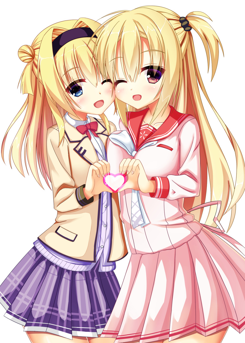 2girls :d absurdres arihara_nanami arihara_nanami_(cosplay) asymmetrical_docking black_hairband blonde_hair blue_eyes blush bow bowtie breast_press breasts chitose_sana chitose_sana_(cosplay) collared_shirt color_connection comiket_96 commentary_request company_connection cosplay costume_switch cowboy_shot double-parted_bangs double_bun eyes_visible_through_hair hair_between_eyes hair_bun hair_color_connection hair_intakes hairband heart heart_hands heart_hands_duo highres imouto_connection jacket large_breasts long_hair long_sleeves look-alike looking_at_viewer miniskirt multiple_girls nanatsuki_akito one_eye_closed open_mouth pink_shirt pink_skirt pleated_skirt purple_skirt red_bow red_bowtie red_eyes red_sailor_collar ribbon riddle_joker sailor_collar school_uniform serafuku shirt simple_background skirt small_breasts smile standing straight_hair tenshinranman trait_connection two_side_up very_long_hair white_background white_ribbon white_shirt yellow_jacket yuzu-soft