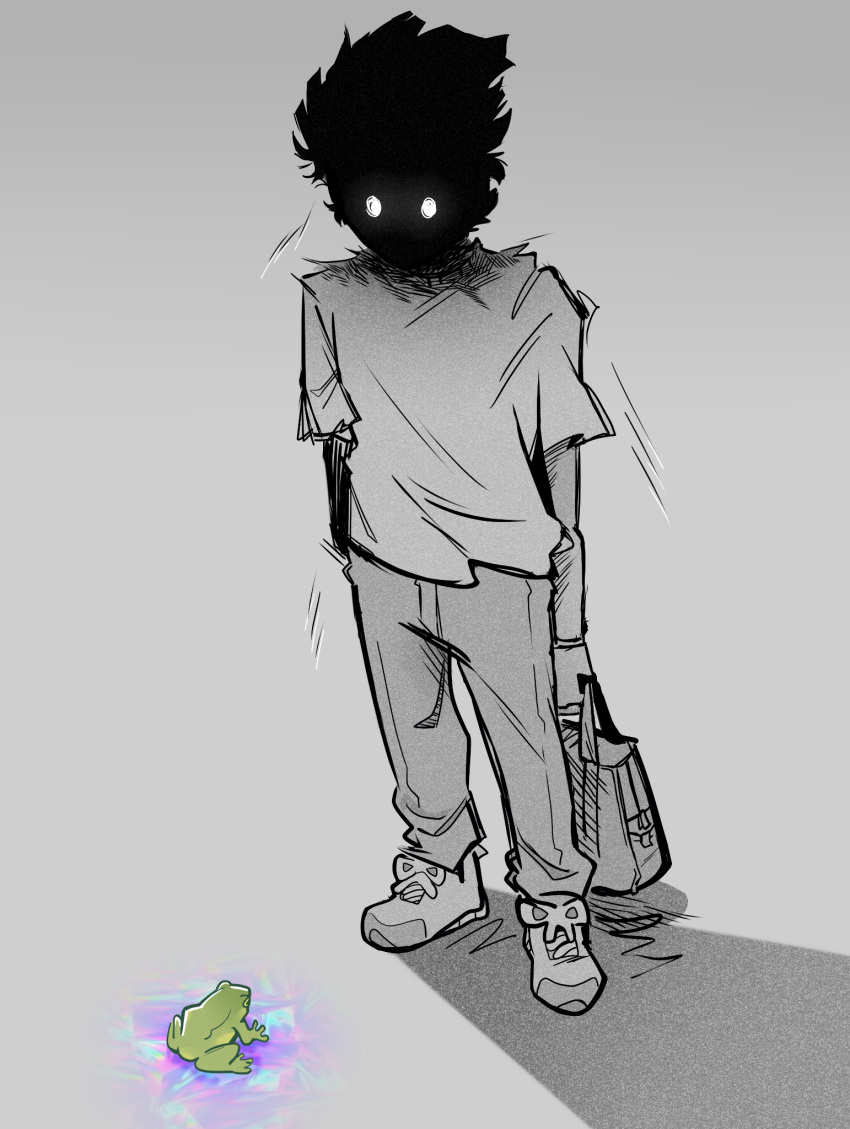 1boy animal bag commentary english_commentary frog full_body glowing glowing_eyes grey_background greyscale highres holding holding_bag jammymayham kageyama_shigeo looking_at_animal male_focus mob_psycho_100 monochrome pants shadow shirt shoes short_hair short_sleeves simple_background sneakers solo spot_color standing t-shirt