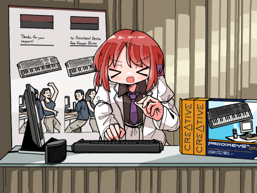 &gt;_&lt; 1girl black_shirt closed_eyes collared_shirt commentary creative_prodikeys_dm facing_viewer hands_up horikawa_raiko instrument jacket kasuya_baian keyboard_(instrument) long_sleeves monitor necktie open_clothes open_jacket open_mouth plaid plaid_shirt prodikeys purple_necktie redhead shirt short_hair sidelocks smile solo standing synthesizer table touhou white_jacket